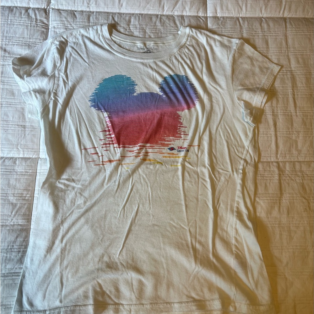 Disney Cruise Line Mickey Mouse Tee Shirt Adult Size S White Gradient Stripes